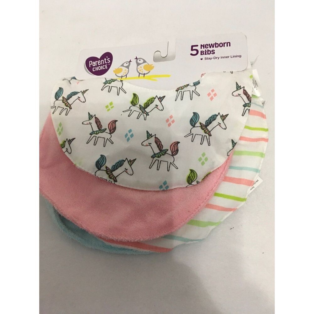5-Pack Parents Choice Newborn Bibs With Stay-Dry Lining Unicorn & Rainbow Design - Picture 3 of 3